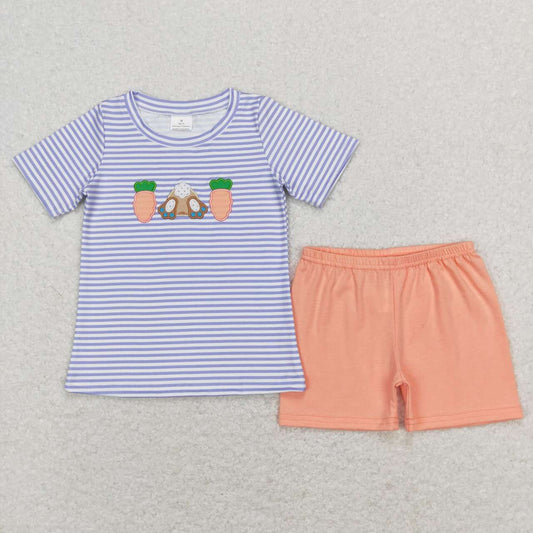 BSSO0301 Embroidered Carrot Rabbit Blue and White Striped Short Sleeve Orange Shorts Set
