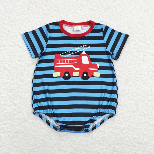 SR0836 Fire truck striped blue short-sleeved jumpsuit
