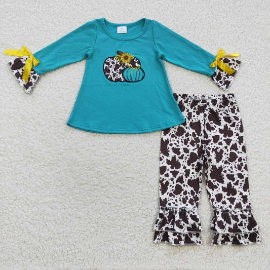 GSPO0704 Ink Pattern Embroidered Pumpkin Blue Long-sleeved Trousers Suit