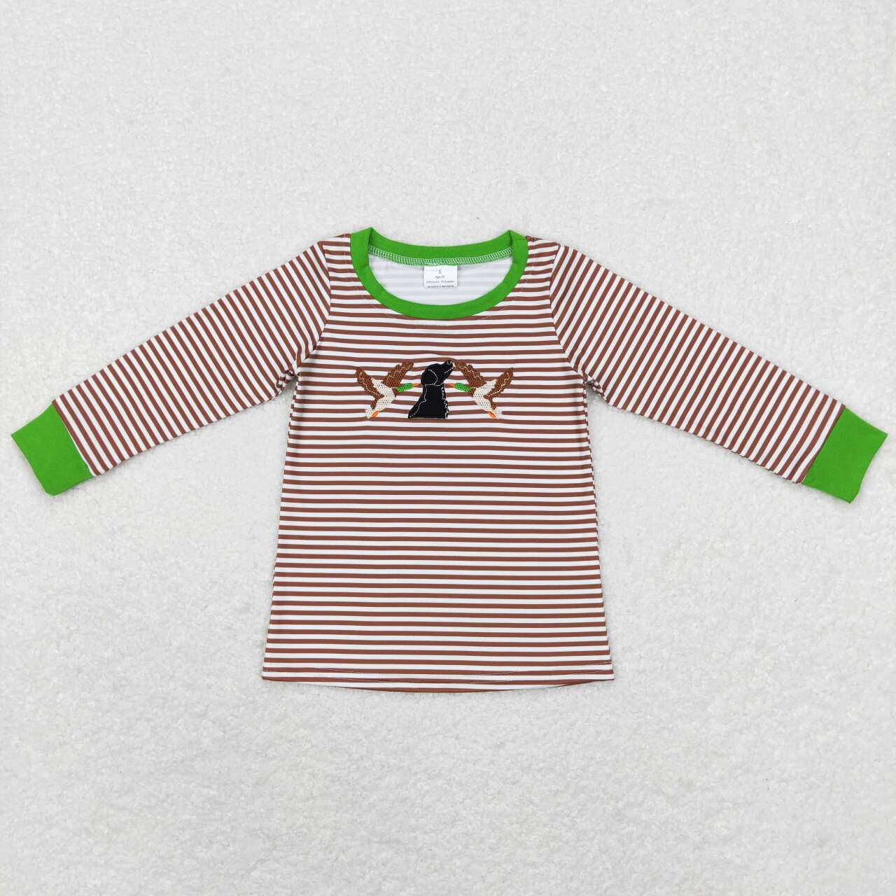 BT0419 Embroidered duck puppy dark brown striped long-sleeved top