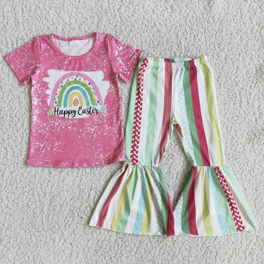 Pink Short Sleeve Happy Easter Striped Bells Set