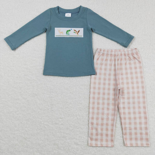 BLP0381 Embroidered Elk Fishing Duck Blue Long Sleeve Khaki Plaid Pants Suit
