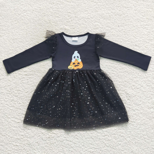GLD0224 Smile Pumpkin Ghost Sequin Black Tulle Long Sleeve Dress