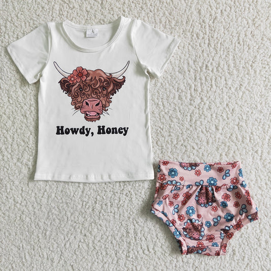 GBO0010 Girls floral bull head white short-sleeved briefs suit