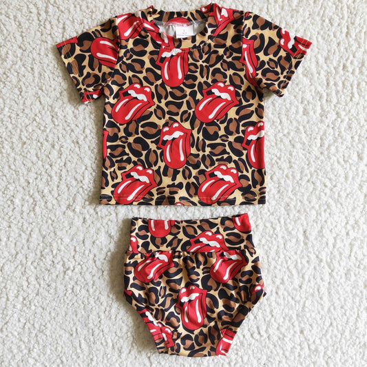 GBO0016 Girls Short Sleeve Leopard Print Red Tongue Briefs Suit with bow