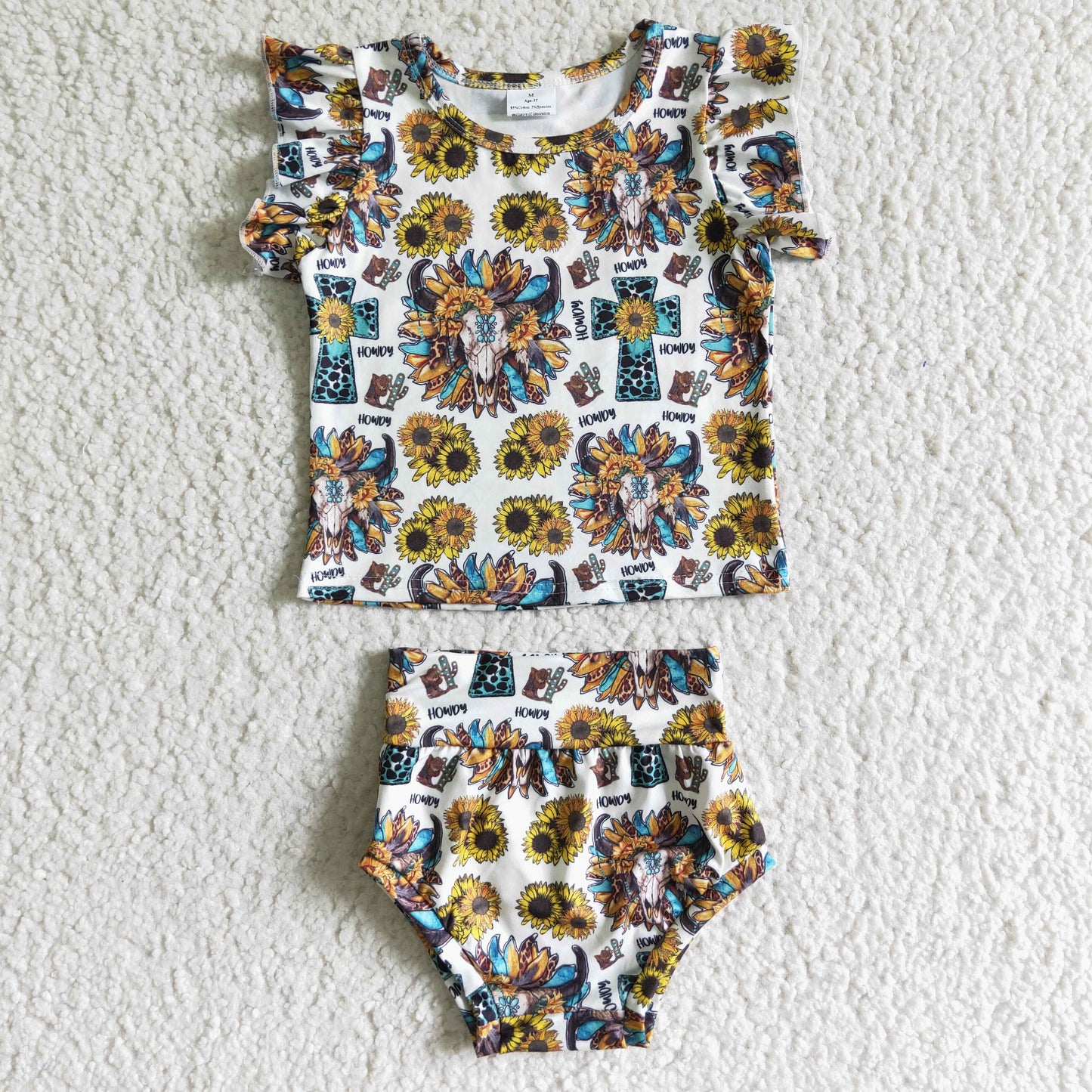 GBO0047 howdy turquoise cross sunflower skull bummie set