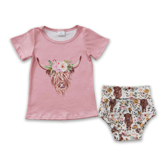 GBO0074 Baby Girls Pink Highland Cow Western Bummie Sets D 7.12
