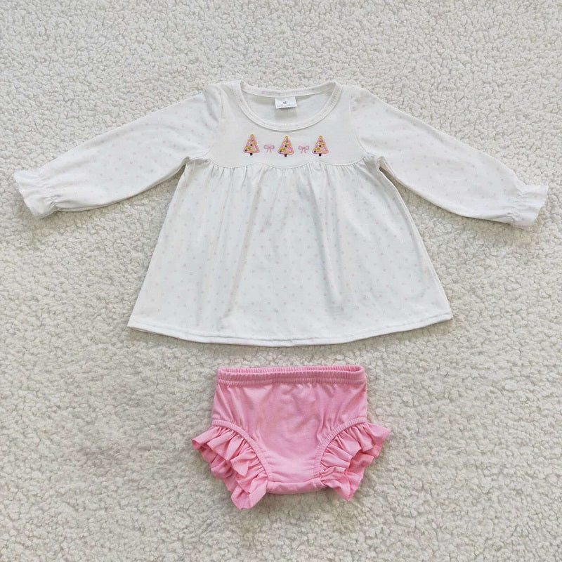 GBO0165 Embroidered Christmas Tree Bow Polka Dot Powder White Long Sleeve Top Brief Set