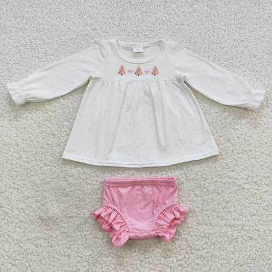 GBO0165 Embroidered Christmas Tree Bow Polka Dot Powder White Long Sleeve Top Brief Set