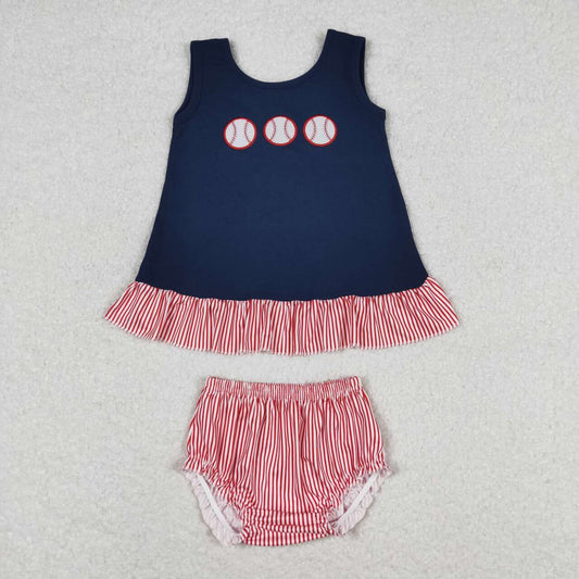 GBO0209 Embroidered baseball navy blue sleeveless red and white striped briefs set