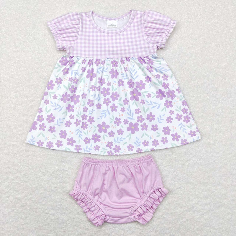 GBO0214 Floral purple and white plaid short-sleeved briefs suit