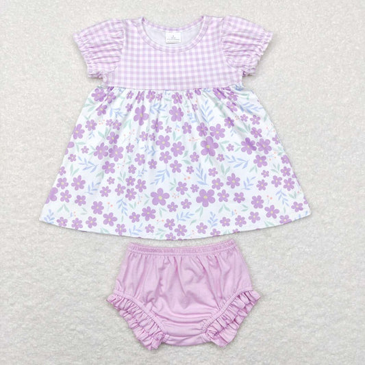 GBO0214 Floral purple and white plaid short-sleeved briefs suit