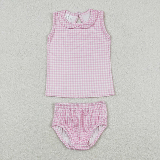 GBO0222 Pink and white plaid doll collar sleeveless briefs set