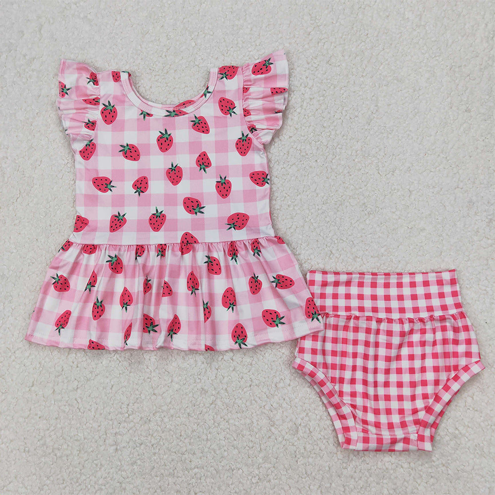 GBO0264  Baby Girls Strawberry Top Pink Checkered Bummies Clothes Sets  D 3.27
