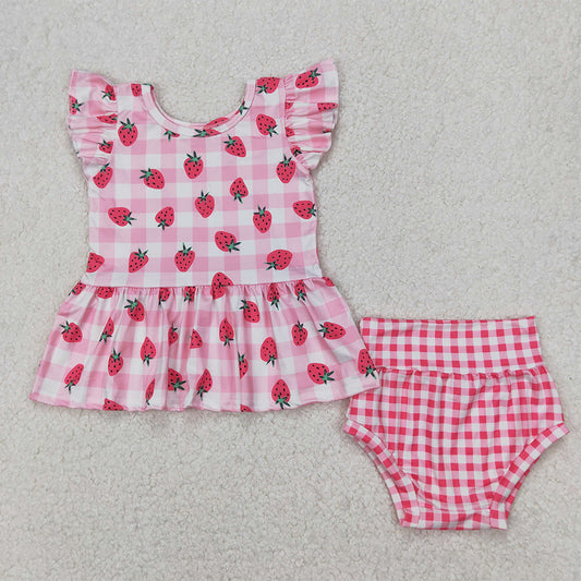GBO0264 Baby Girls Strawberry Top Pink Checkered Bummies Clothes Sets D 3.27