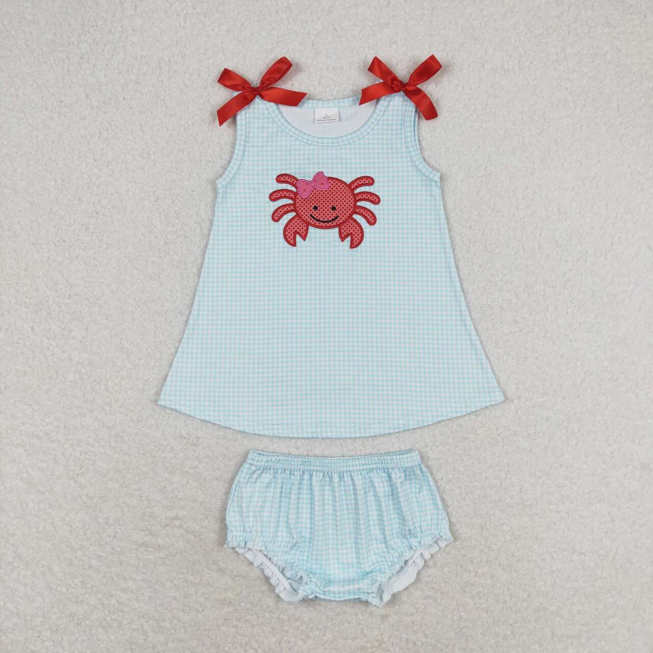 GBO0267 Embroidered crab blue and white plaid sleeveless top briefs set
