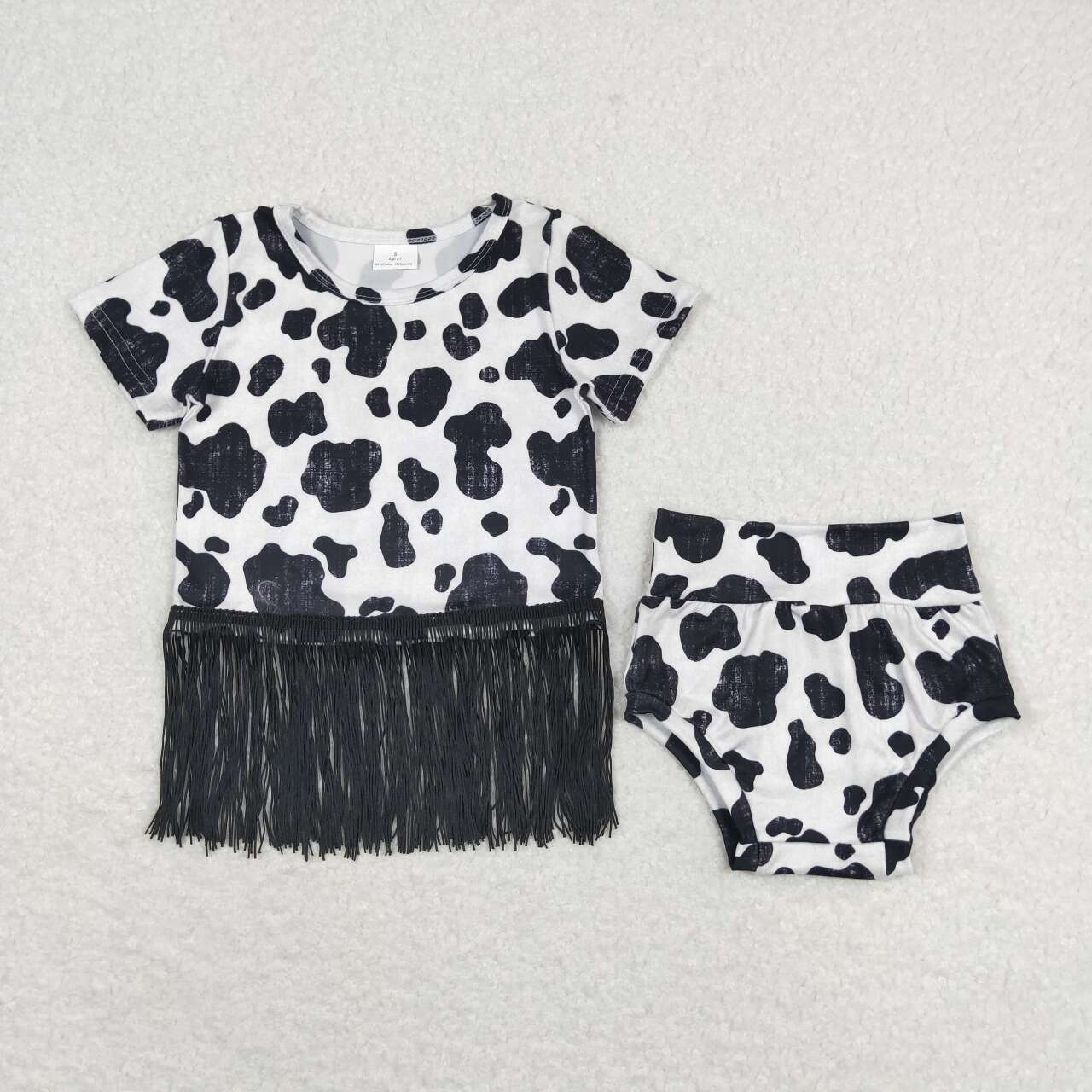 GBO0273 Cow pattern fringed black and white short-sleeved briefs set
