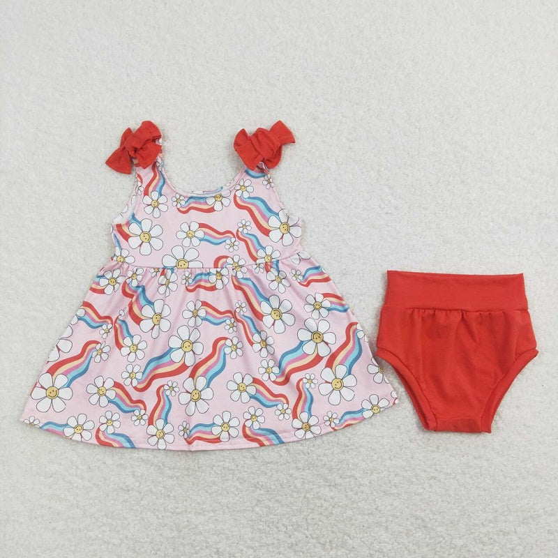 GBO0278 Smile Face Flower Rainbow Pink Suspender Orange Briefs Set