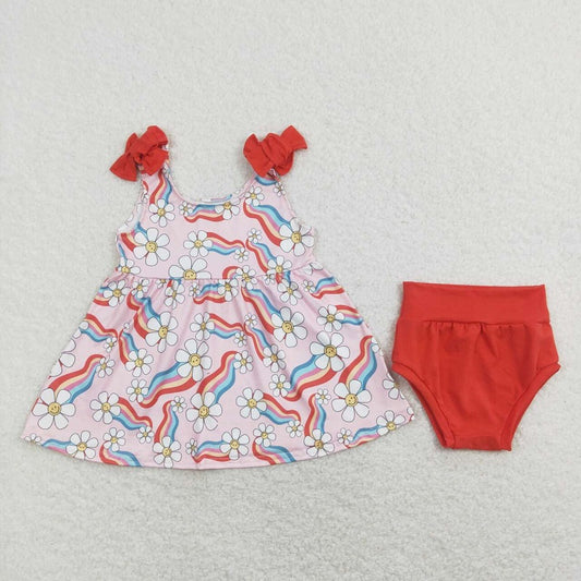 GBO0278 Smile Face Flower Rainbow Pink Suspender Orange Briefs Set
