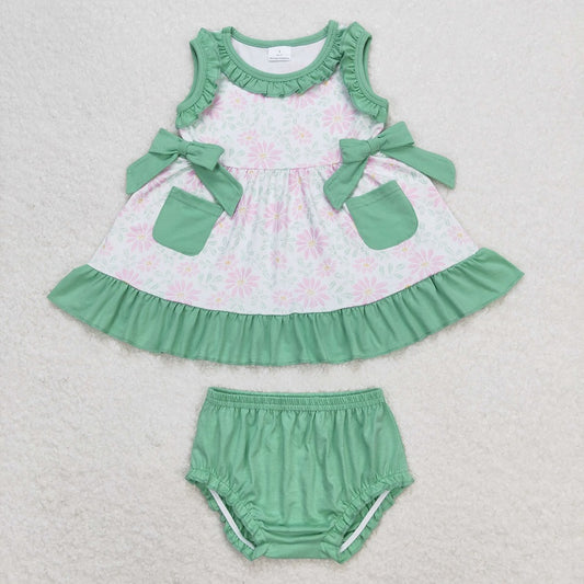 GBO0292 Floral green lace pocket bow sleeveless briefs set