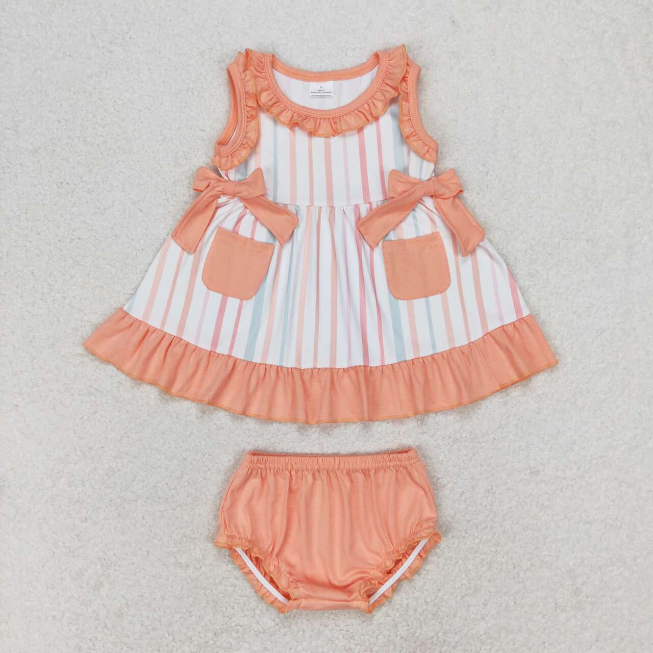 GBO0293 Striped Pink Orange Lace Pocket Bow Sleeveless Briefs Set