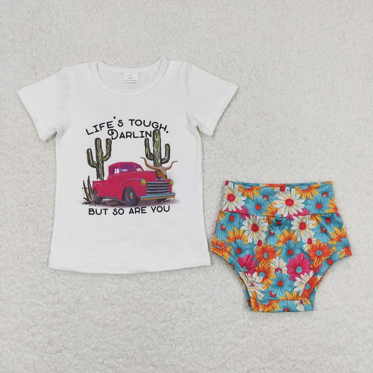 GBO0306 Alphabet Cactus Trucks White Short Sleeve Flower Briefs Set