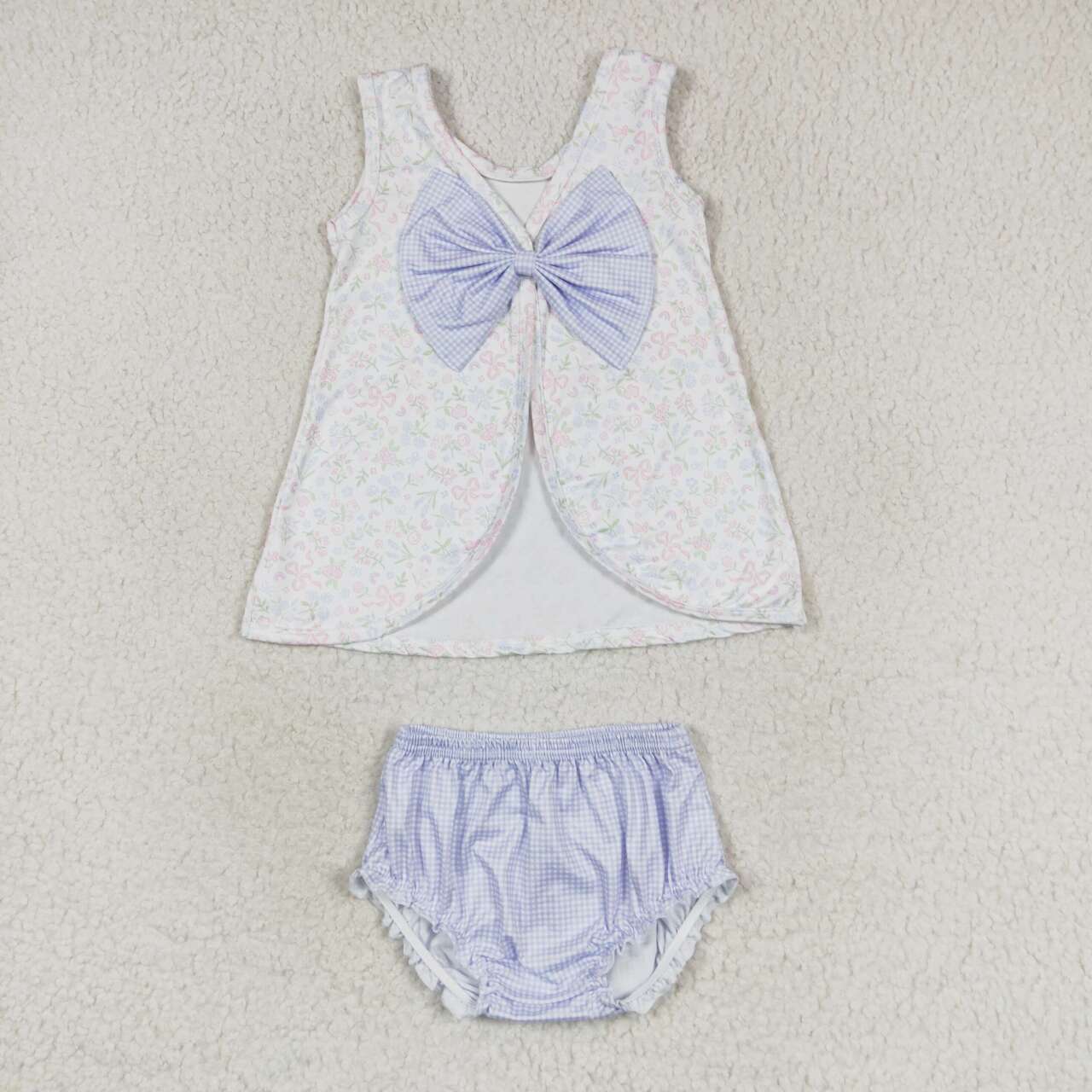 GBO0325 White Sleeveless Plaid Briefs Set with Flower Bow