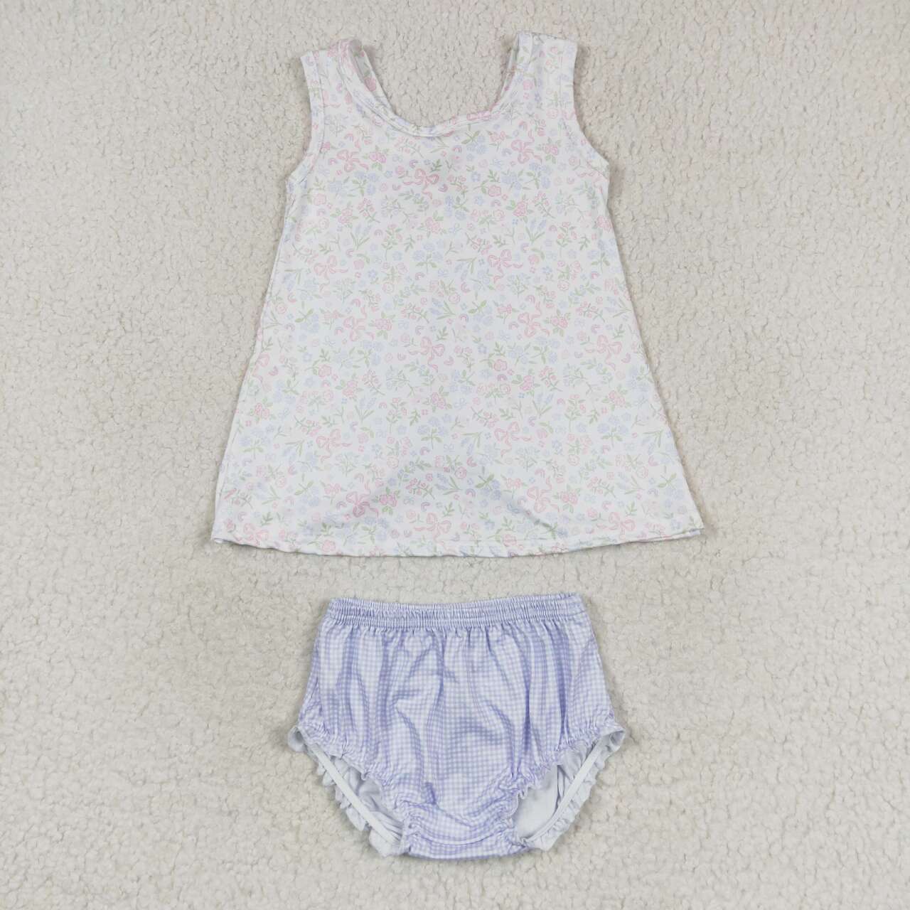 GBO0325 White Sleeveless Plaid Briefs Set with Flower Bow