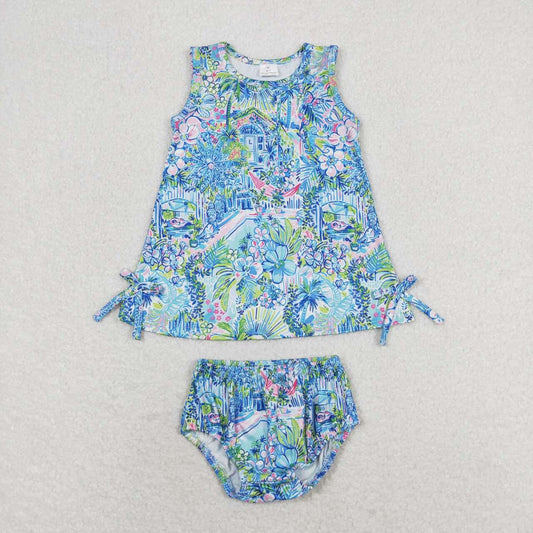 GBO0340 Floral blue sleeveless briefs set