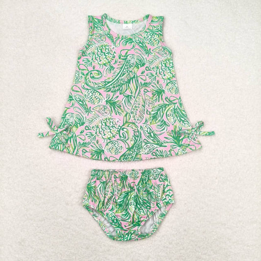 GBO0343 Leaf pattern pink and green sleeveless briefs bummies  suit