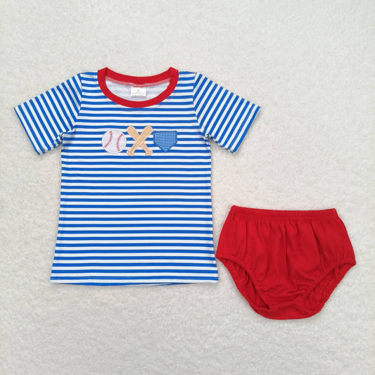 GBO0355 Baseball blue and white striped short-sleeved red briefs suit