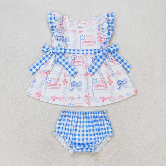 GBO0363 Flower blue bow flag plaid flying sleeve briefs suit