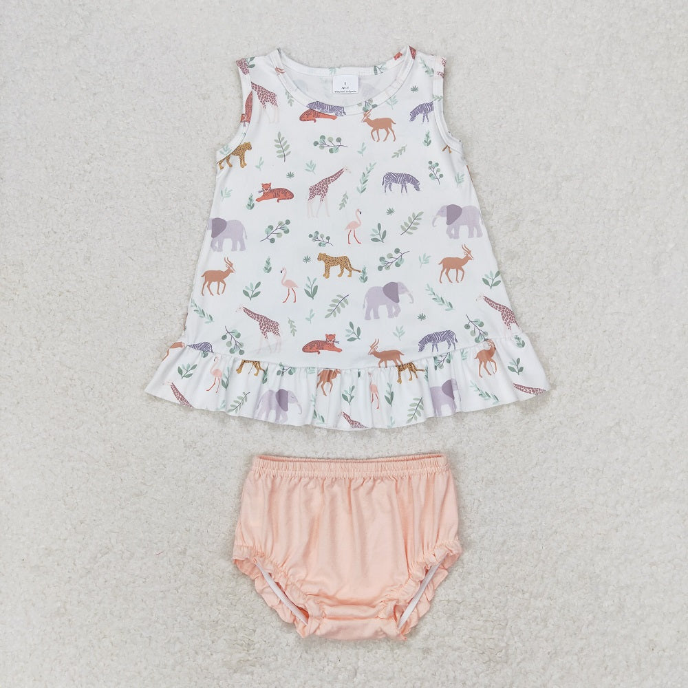 GBO0372 Elephant Giraffe Animal Sleeveless Pink Briefs Set