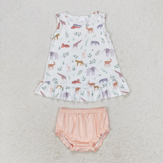 GBO0372 Elephant Giraffe Animal Sleeveless Pink Briefs Set