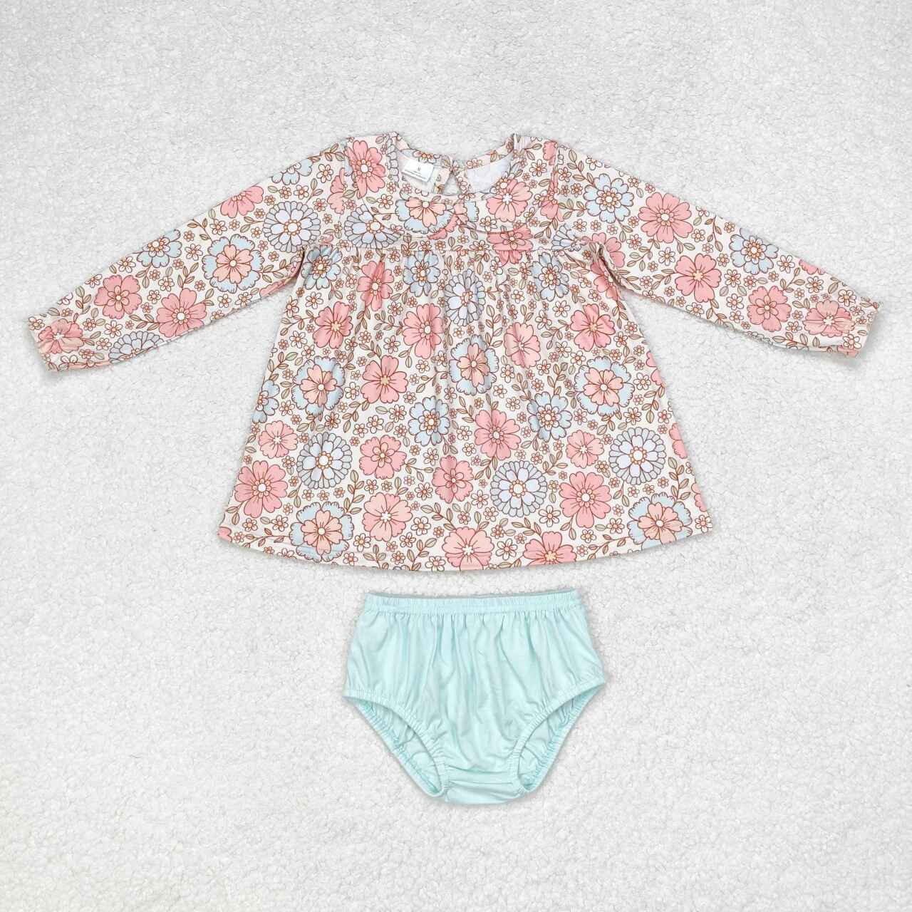 GBO0397  Beige long-sleeved blue-green briefs suit with flowery baby collar