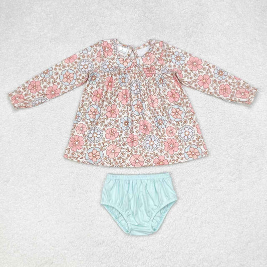 GBO0397 Beige long-sleeved blue-green briefs suit with flowery baby collar