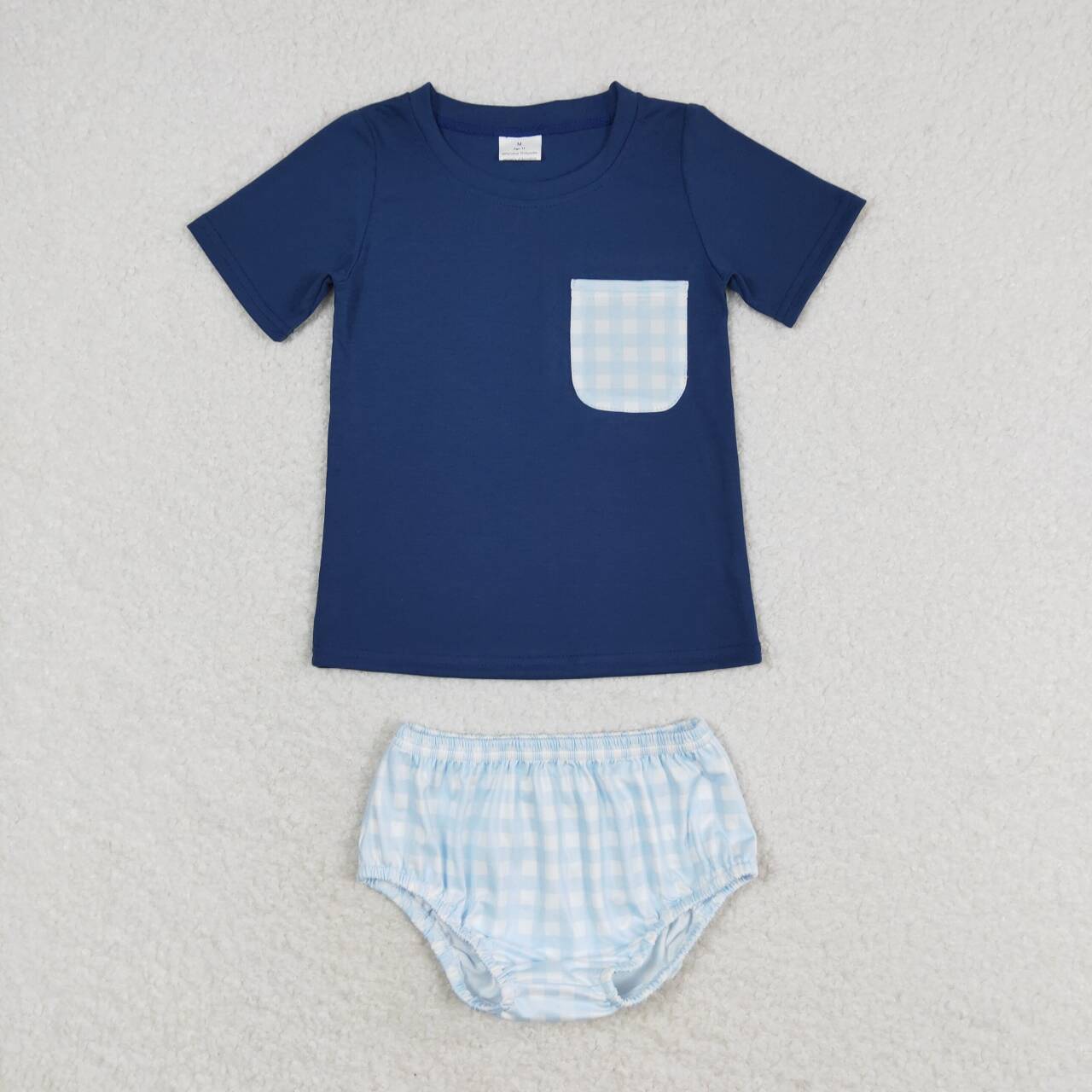 GBO0399 Blue plaid pocket dark short-sleeved briefs suit