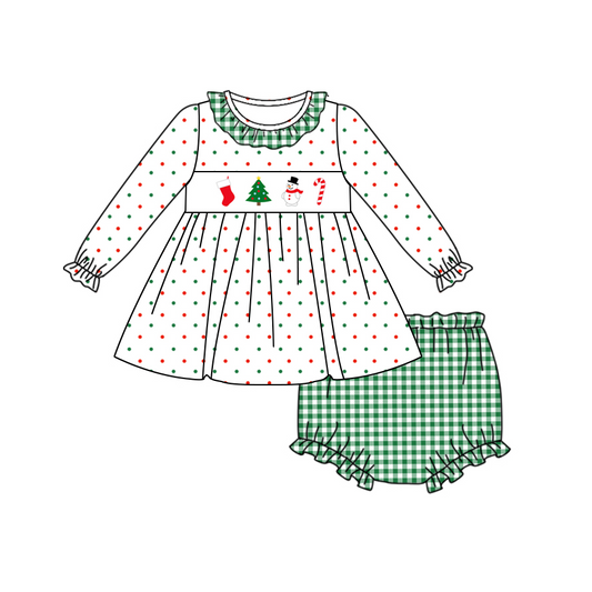 presale GBO0411 Christmas Tree Snowman Cane Polka Dot Green Plaid Lace White Long Sleeve Briefs Set