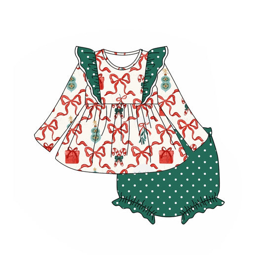 presale GBO0418 Christmas Bow Cane Pattern Polka Dot Green Lace Long Sleeve Briefs Bummies Set