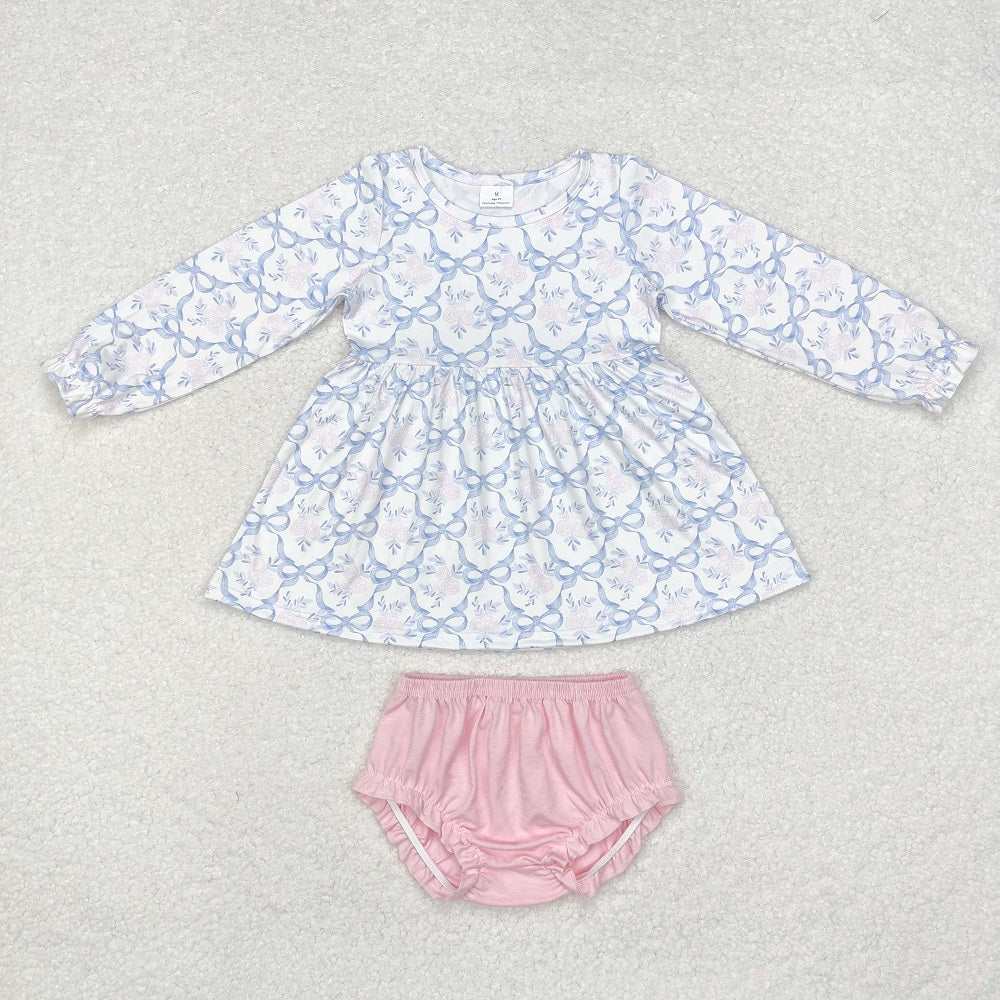 GBO0426 White long-sleeved pink briefs set with flower and bow pattern