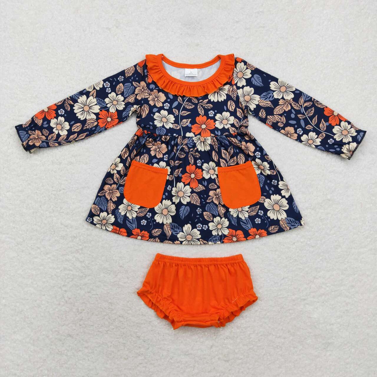 GBO0430 Flower Orange Lace Pocket Navy Blue Long Sleeve Briefs Bummies Set