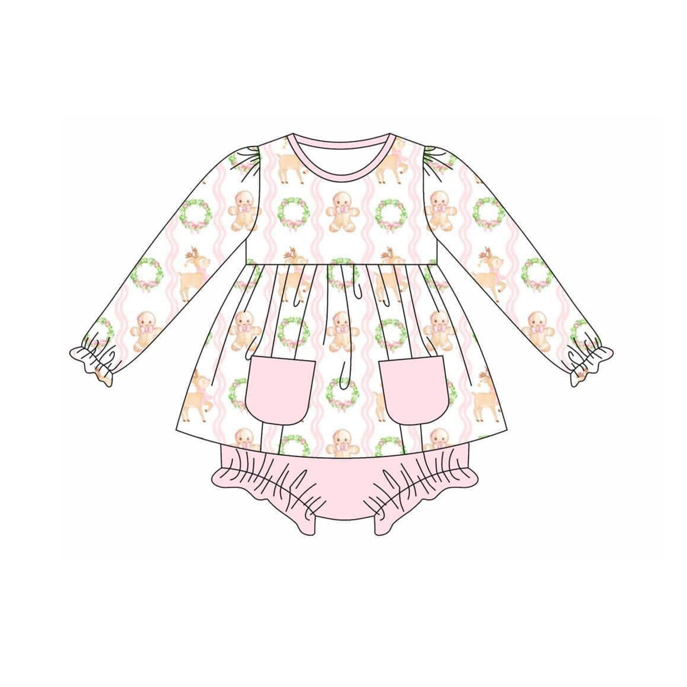presale GBO0432  Gingerbread Man Deer Wreath Pink Pocket Long Sleeve Bummies Briefs Set  2024 7.20