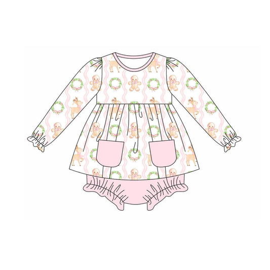 presale GBO0432 Gingerbread Man Deer Wreath Pink Pocket Long Sleeve Bummies Briefs Set 2024 7.20