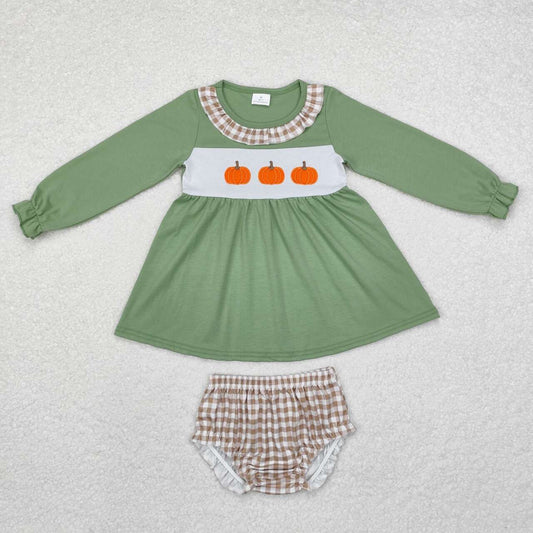 GBO0434 Pumpkin Khaki Plaid Lace Green Long Sleeve Briefs Set