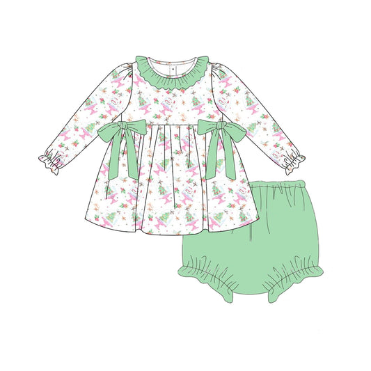 presale GBO0439 Christmas Tree Snowman Green Lace Bow White Long Sleeve Briefs Bummies Set 2024 8.5
