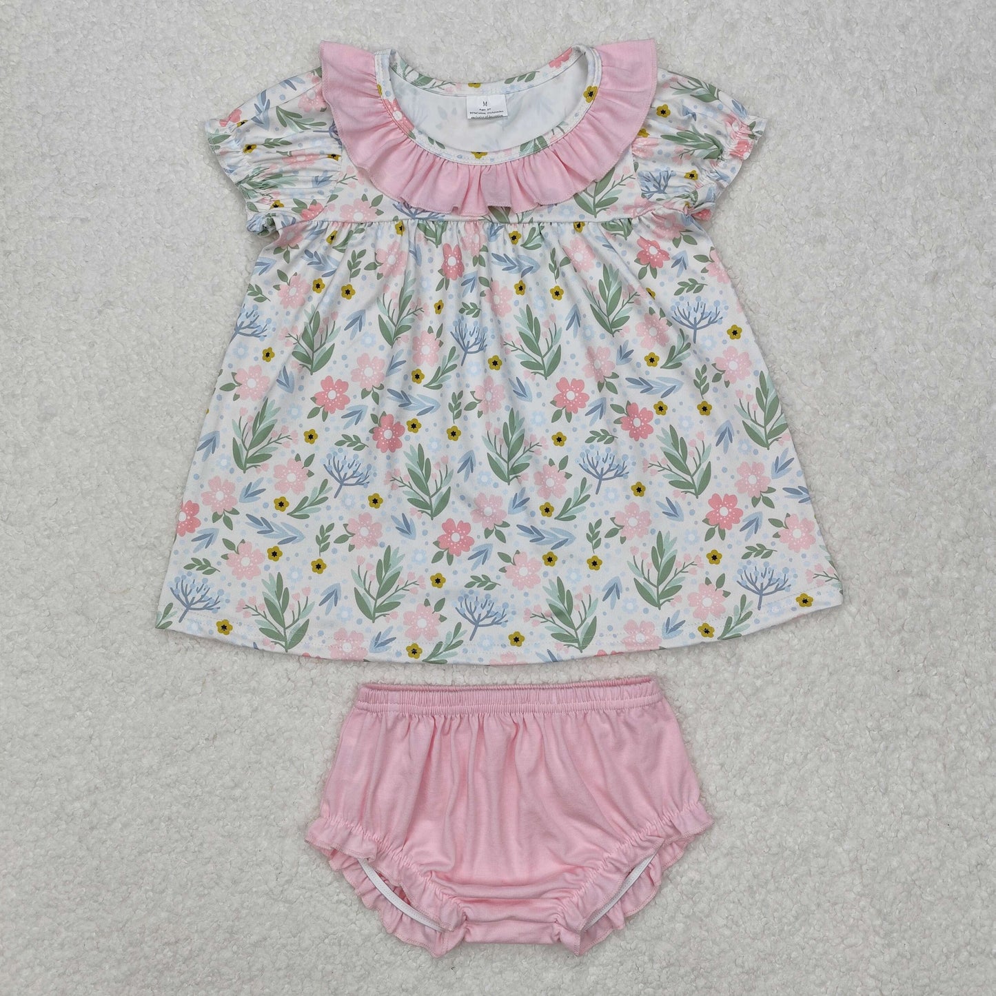 GBO0449 Flower and Leaf Pink Lace Short Sleeve Briefs Set