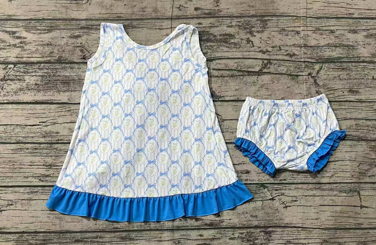GBO0450 Flower Bow Striped Blue Lace Sleeveless Briefs Set