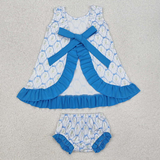 GBO0450 Flower Bow Striped Blue Lace Sleeveless Briefs Set