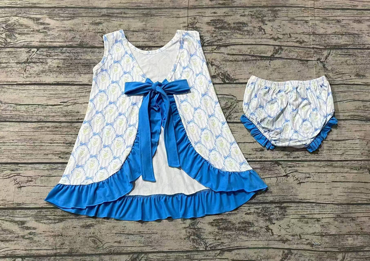 GBO0450 Flower Bow Striped Blue Lace Sleeveless Briefs Set