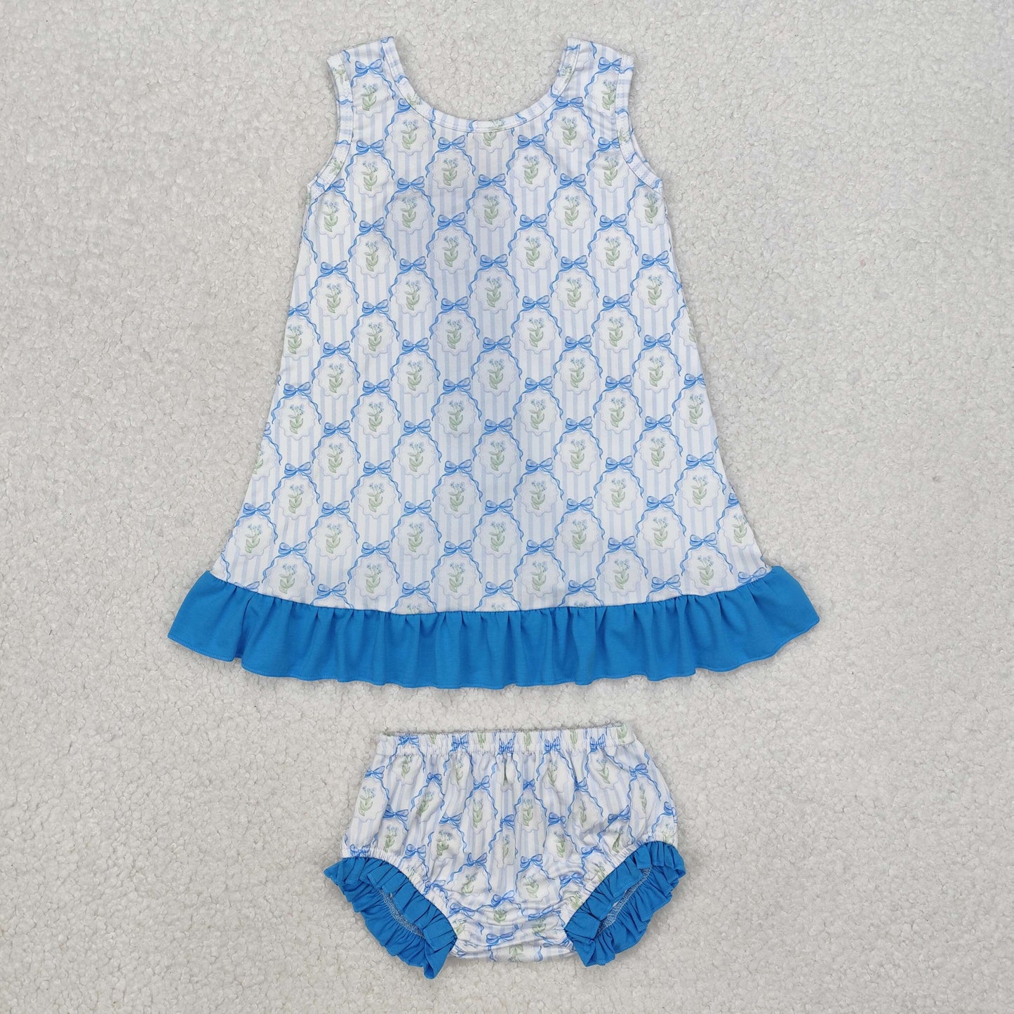 GBO0450 Flower Bow Striped Blue Lace Sleeveless Briefs Set